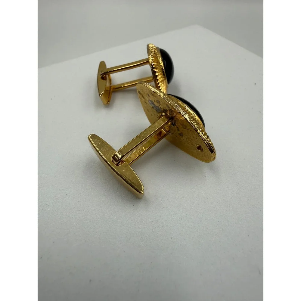 Vintage USA Gold Tone Faux Tigers Eye Striped Cabochon Cufflinks Retro Mens
